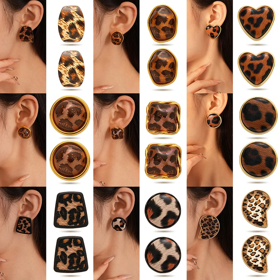 Real gold electroplated flocked leopard print irregular geometric stud fashion style earrings vintage Maillard earrings women