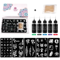 Hena Kit de tatuaje temporal 10 ml x 5 botellas - 5 colores Suministros de tatuaje unisex Juego completo con 5 diseños de plantillas para mujeres, hombres y niños