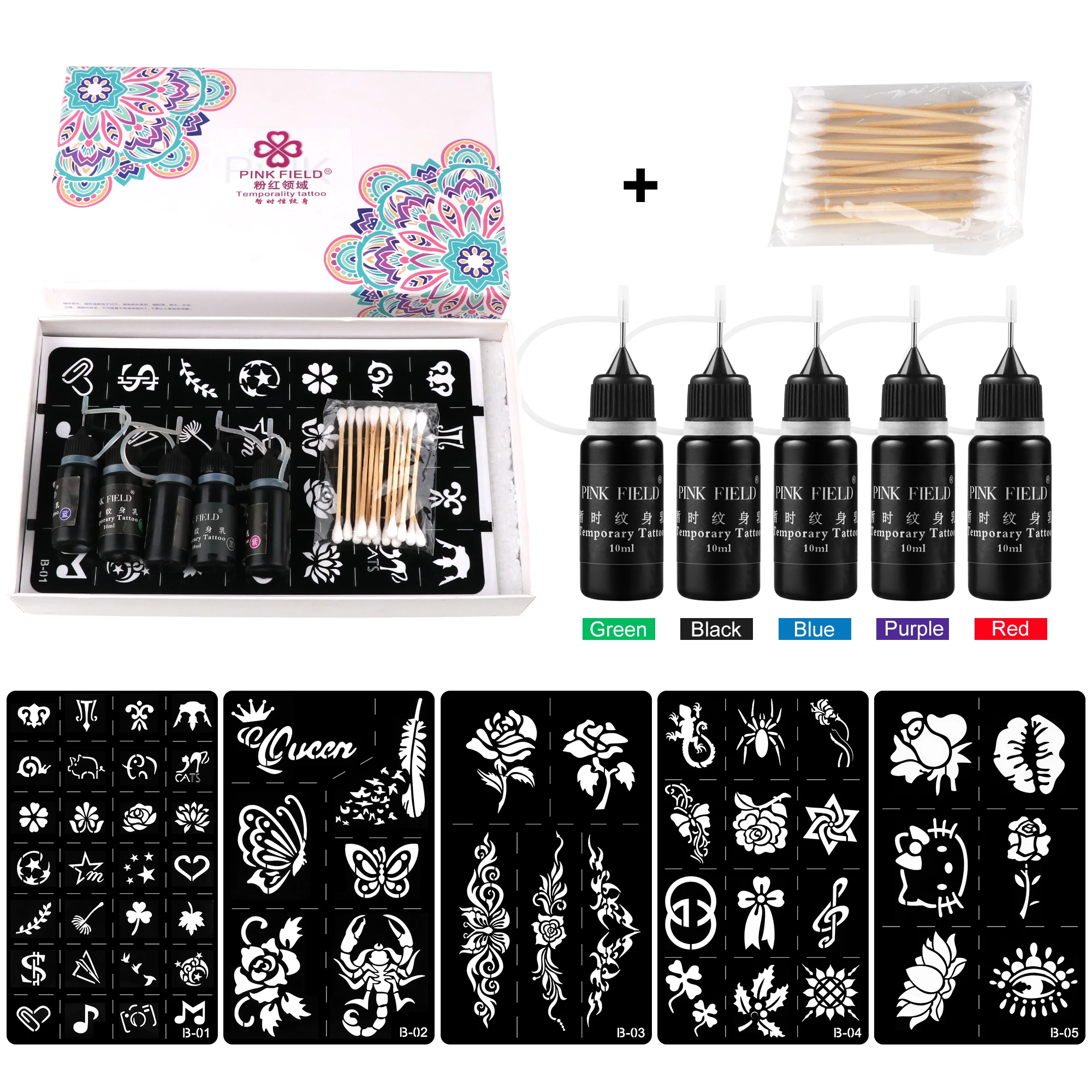 Hena Temporary Tattoo Kit 10ml X 5 Bottles - 5 Colors Unisex Tattoo Supplies Full Set with 5 Stencil Designs for Women Men