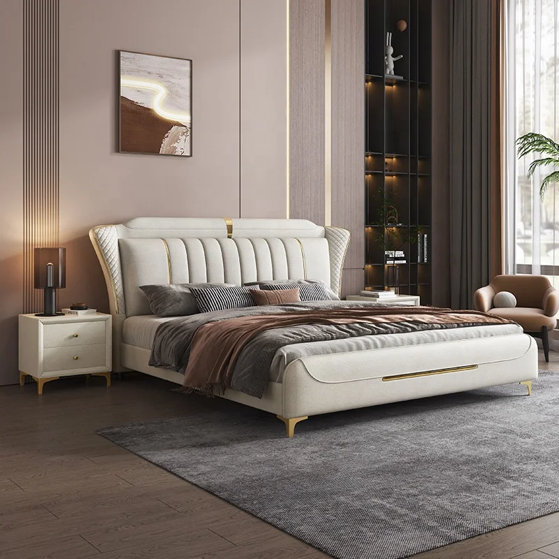 Luxury Soft Queen Size Solid Wood Frame Modern Bedroom Furniture Up-holstered Princess Leather Double Beds