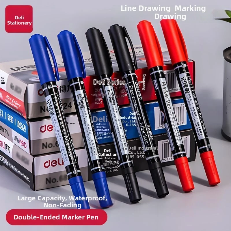 

Deli Double Headed Marking Pen Oil Marking Pen Learning Drawing Hook Line Pen Size Thin Headed Black Office Marking Pen