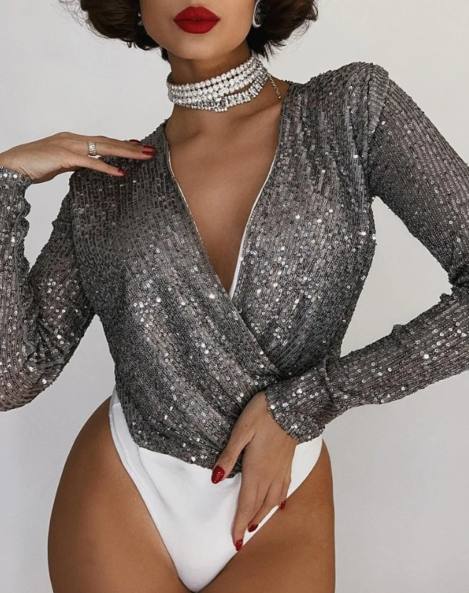 

Women's Bodysuit Sexy Party Club Wear Fashion Solid Color Plunge Long Sleeve Allover Sequin Overlap Patchwork Skinny Bodysuit