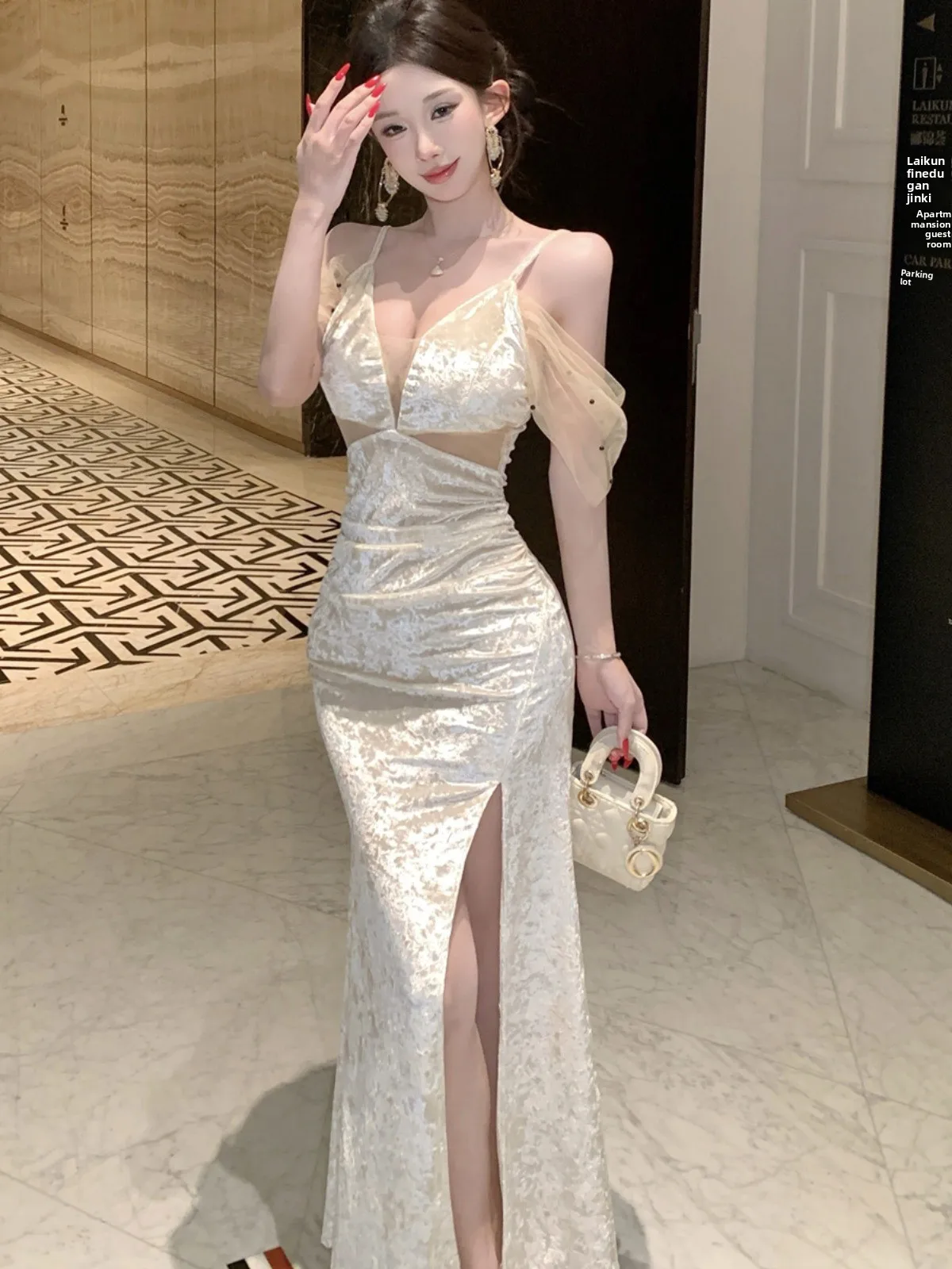 

Ele Velvet One-oulder Me Insertion Strap Dr for Ladies High Waist Long Evening Gown Sexy Ci Walk Autumn Winter