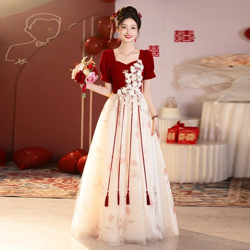 Sexy Square Neck Toast Clothes Female Elegant Temperament Wedding Party Dress Fashion Decal Dresses Big Size 3XL Bride Cheongsam