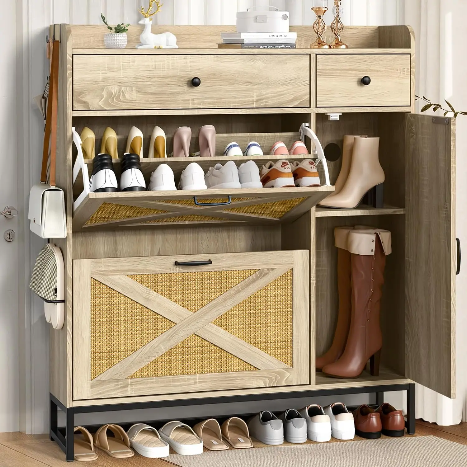 

Large Rattan Shoe Cabinet Tilt-Out Racks Drawers High Boot Storage Entryway Organizer 18-22 Pairs, Customized