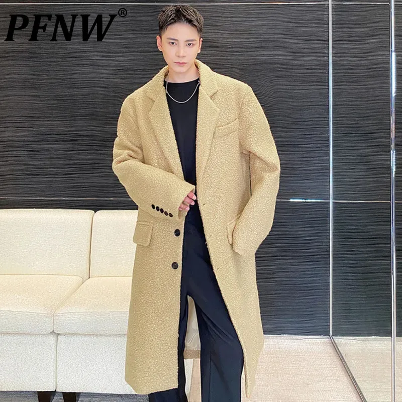 

PFNW Korean New Fashion Male Woolen Coat Men's Lapel Solid Color Trend Simple Single Breasted Trench 2024 Autumn Chic 9A6460