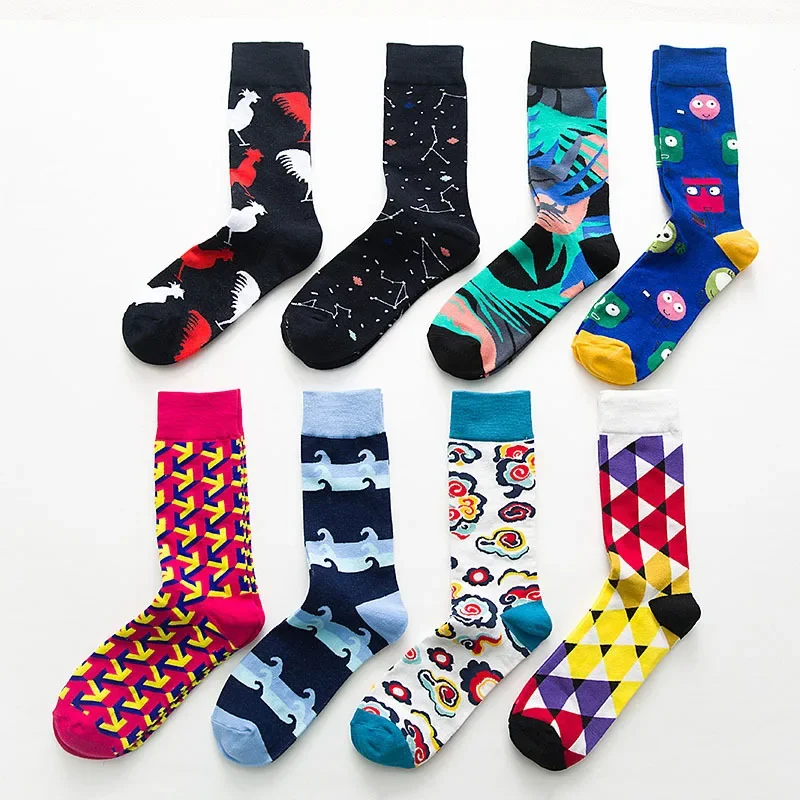 Best selling British style geometric contrast color trend men\'s socks street cotton mid-tube socks plus size men\'s socks