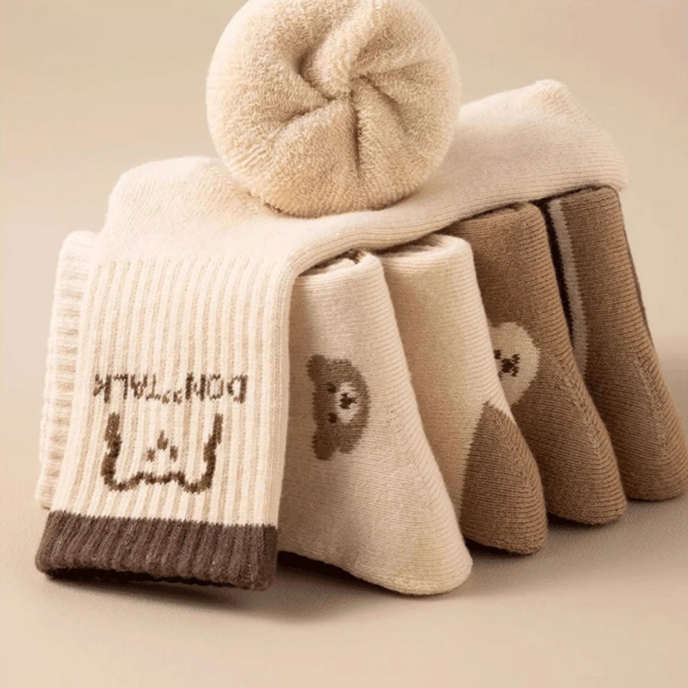 5 أزواج من جوارب الأطفال للخريف والشتاء، جوارب مخملية سميكة للفتيات والفتيان، جوارب متوسطة لطيفة على شكل دب