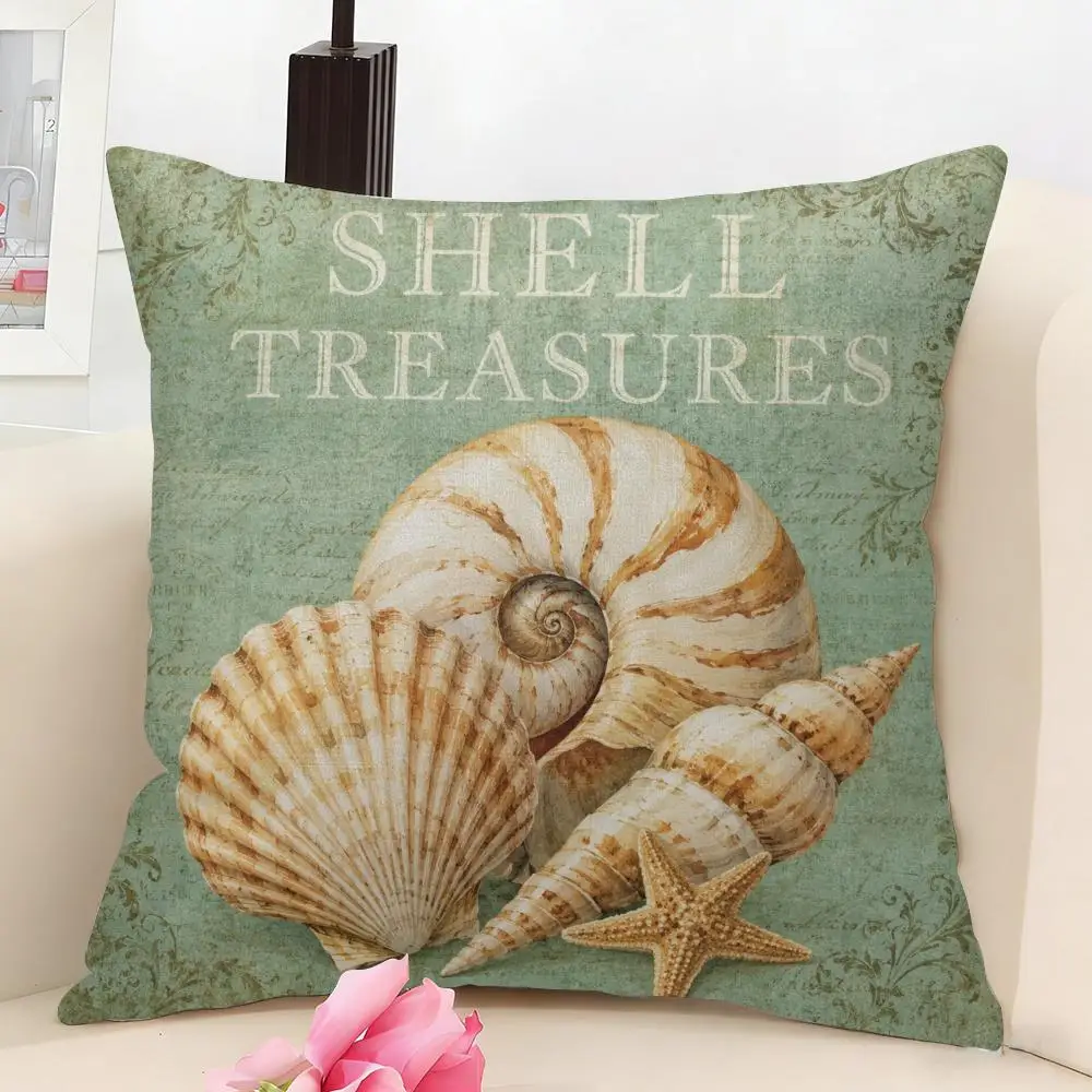 Timeless Coastal Shell Cushion Cover Linen Pillow Cover 40x40cm Decorative Cushion Case Boho Home Sofa Decor Gift