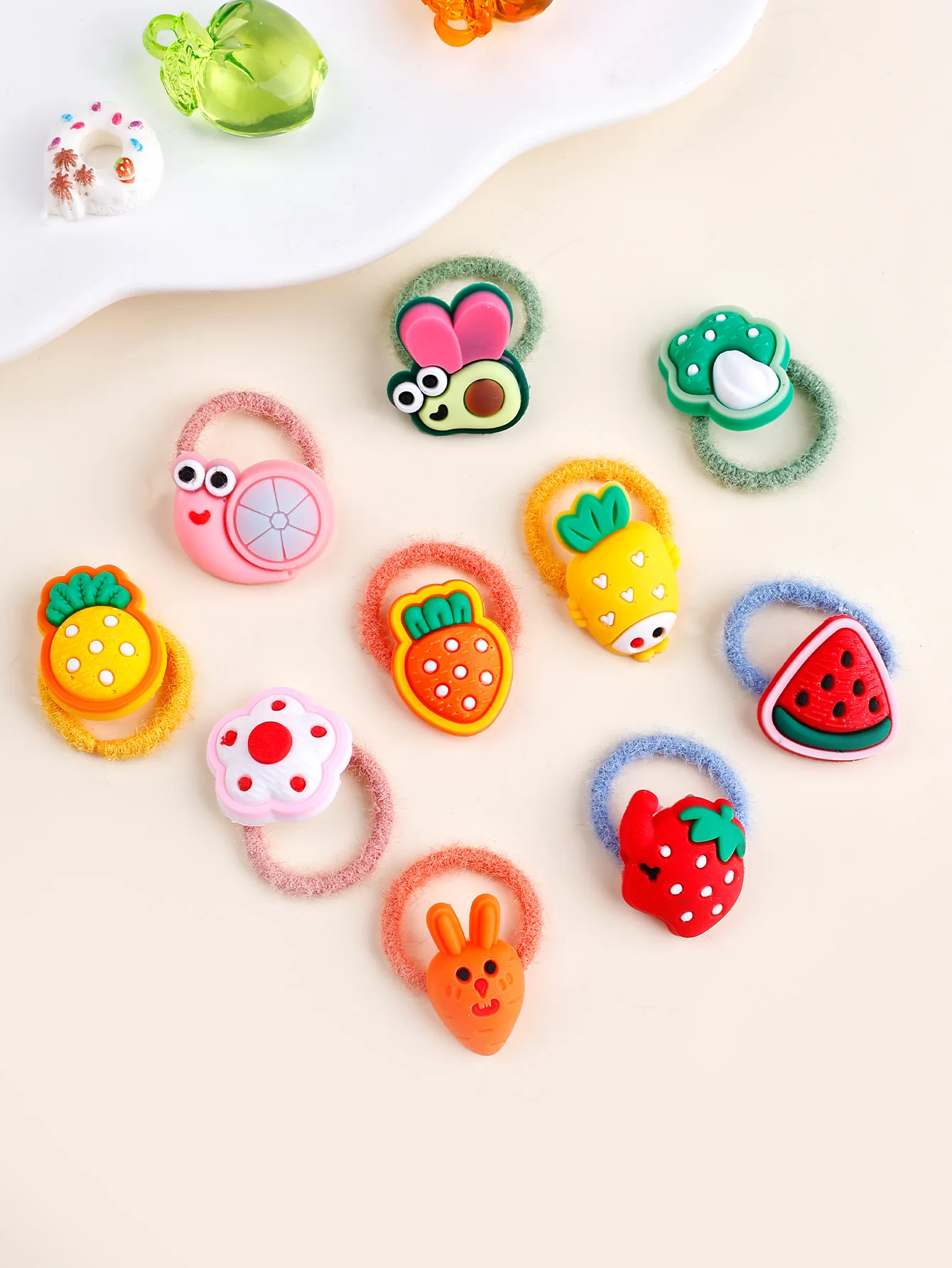 20PC Girls Hair Ties Cartoon Vegetable and Fruit Flower Rubber Band Hair Rope Fashionable Hair Accessories for Girls Headwear