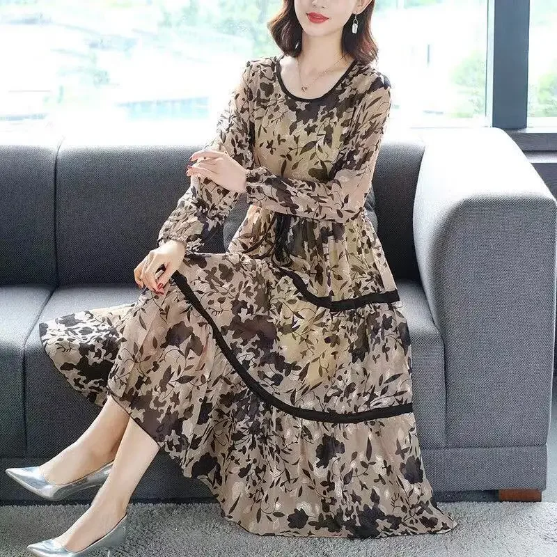 

Casual Stylish Printed Spliced Dresses Autumn Elegant A-Line Waist Female Clothing Drawstring Commute O-Neck Midi Dress ZL78