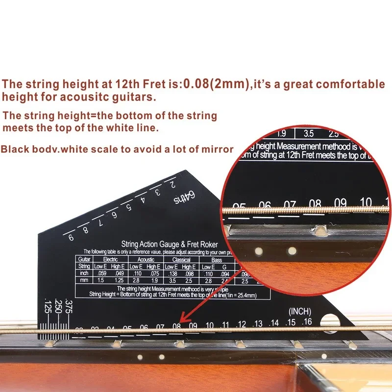 Stainless Steel Guitar String Action Gauge Fret Rocker String Height Ruler String Height Gauge for Guitar Leveling Luthier Tool