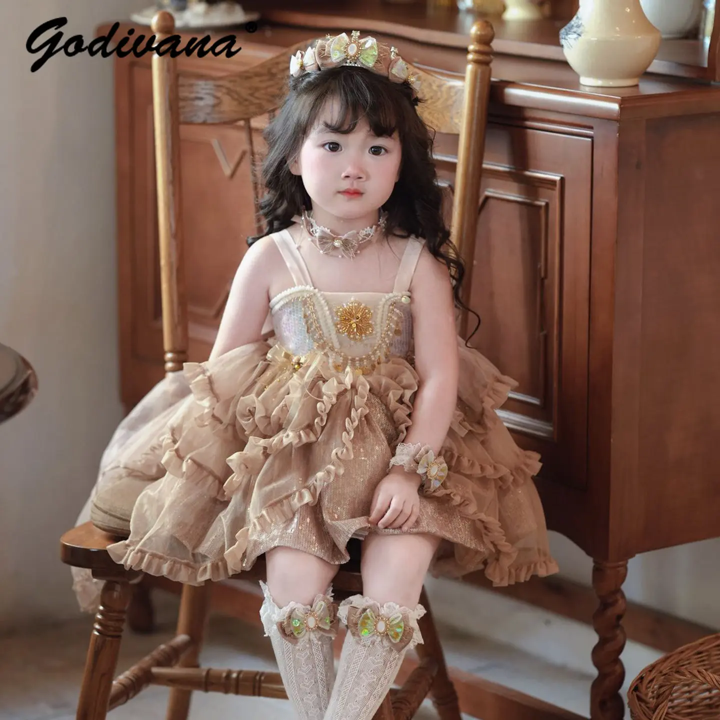 

Original Sweet Baby Girls High End Heavy French Princess Lolita Sundress New Summer Girl Sequin Tulle Bow Train Performance Gown