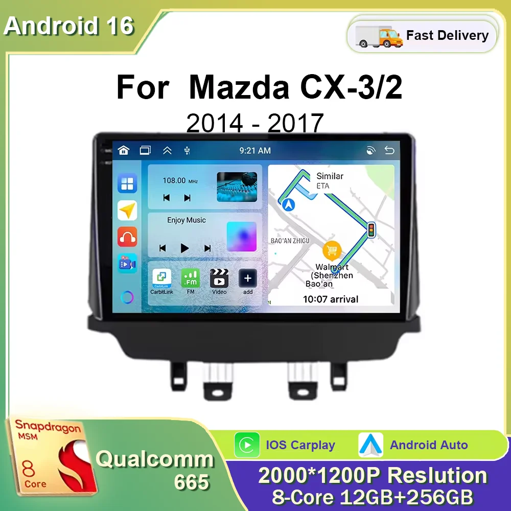 Radio para Auto con Android 16 y Carplay para Mazda CX-3 CX3 Mazda 2 DK 2014 - 2017 2018 2019 2020 2021 Reproductor Multimedia Estéreo 4G DSP