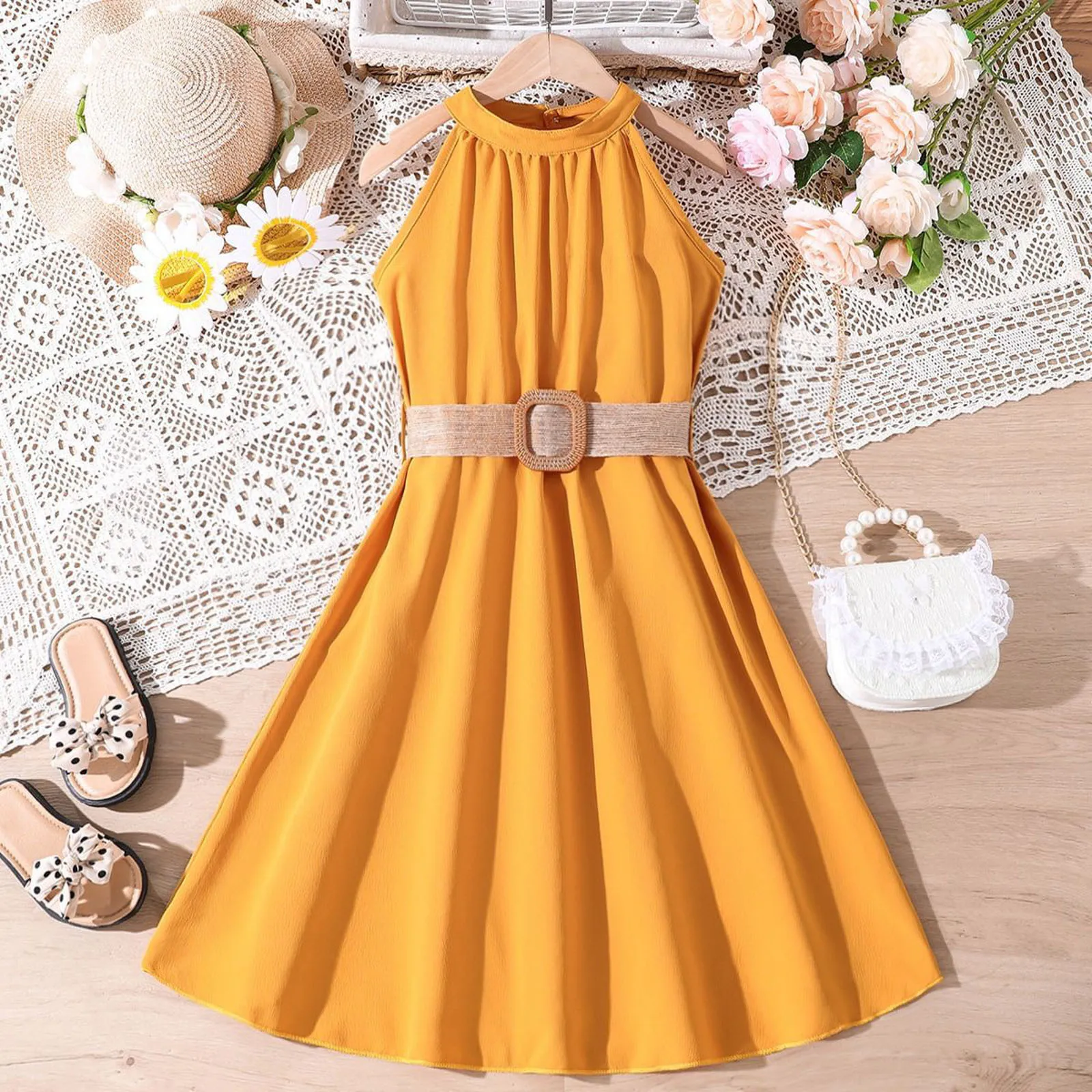 Summer Teenage Dresses For Kids Girls With Belted Halter Off Shoulder Formal Party Dress Children Girls Toddler Clothes 8-11Y