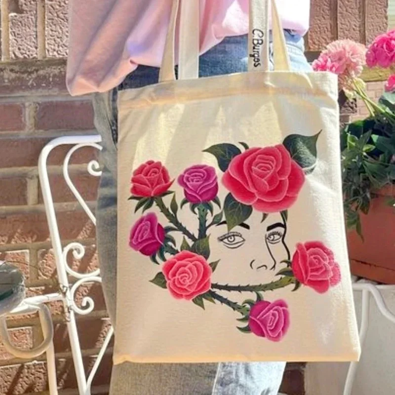 White Large Capacity Canvas Shoulder Handbag Folding Eco-Friendly Cotton Tote Bag Reusable DIY Painting Shoulder Bag Grocery Bag