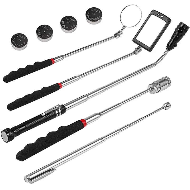 Retractable Magnetic Pickup Kit 360-Degree Rotating Adjustable Inspection Mirrors And Retractable Flexible Flashlights