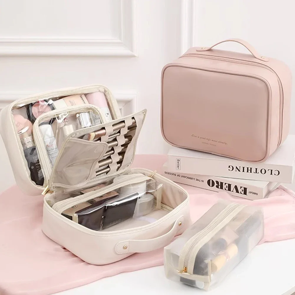 

Multi-Compartment Travel Makeup Bag Portable PU Leather Large Wash Bag Large Capacity Make Up Storage Bag for Outdoor Travel