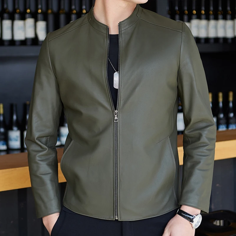 Men's Stand-Up Collar Genuine Sheepskin Leather Jacket Male Simple Casual Motorcycle Full Leather Coat Streetwear Veste Homme