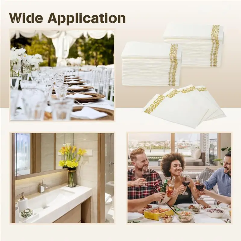 100Pcs/Set Disposable Hand Towels Decoration Golden Bathroom Paper Napkins Linen-Feel Guest Towels Soft Absorbent Hand Towel