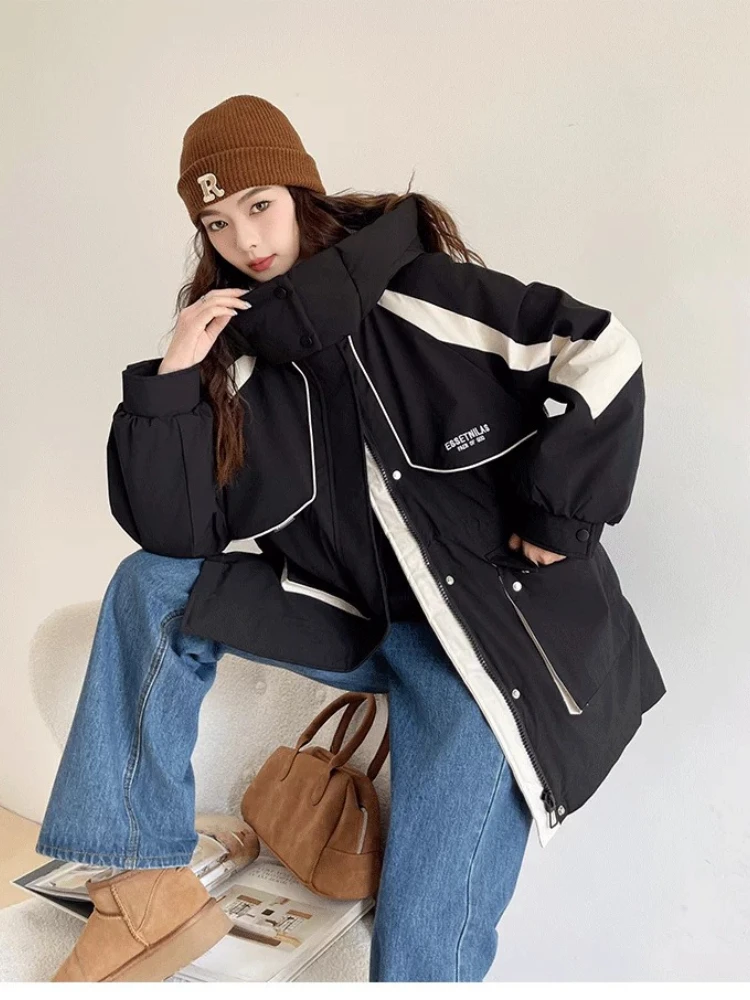 2025 겨울 여성용 신상 탈부착 후드 다운 재킷 컬러 블록 워크웨어 파카 오버코트 여성용 두꺼운 따뜻한 코트