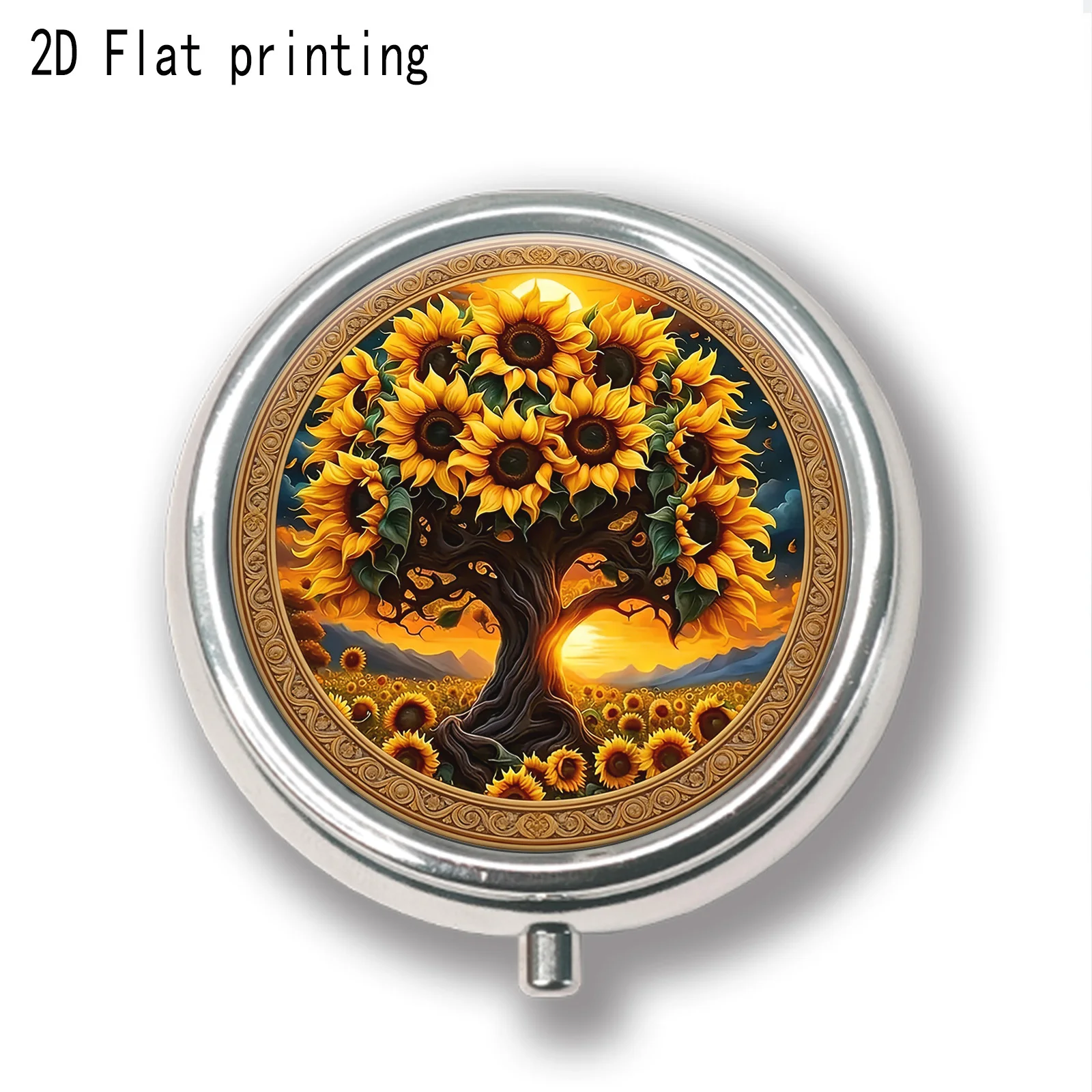 Single pack, flat, sunflower tree sunset art round three-compartment design box, portable medicine storage box, for relaxation, outdoor travel, and office medication reminders