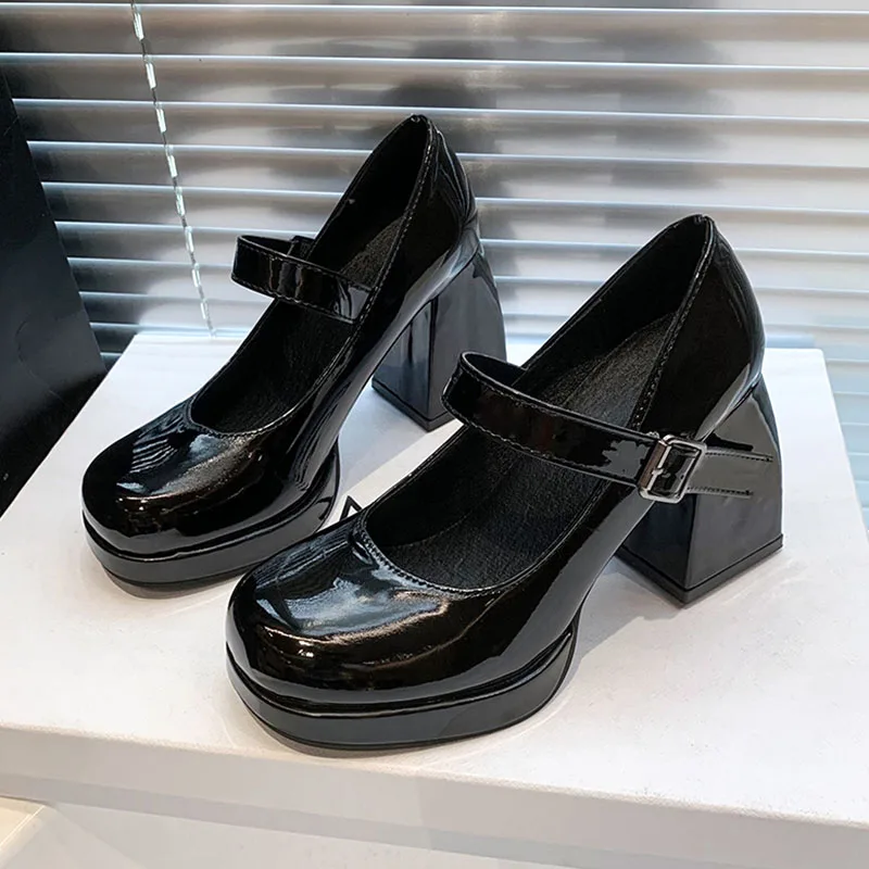 Platform Pumps Women Elegant Square Heels Mary Jane Shoes Woman Ankle Buckle High Heeled Shoes Female Lolita Shoes 2024