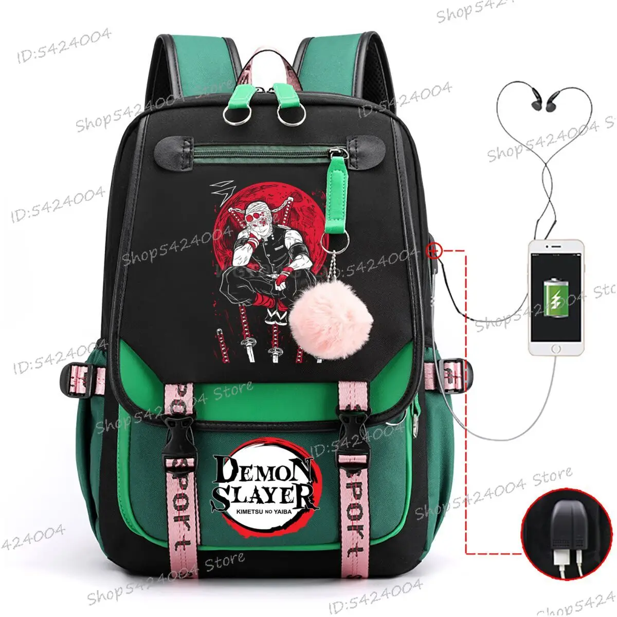 Anime Demon Slayer Unisex Schoolbag Uzui Tengen Print Boys Girls Large Capacity Casual Backpack Middle High Student Bagpack