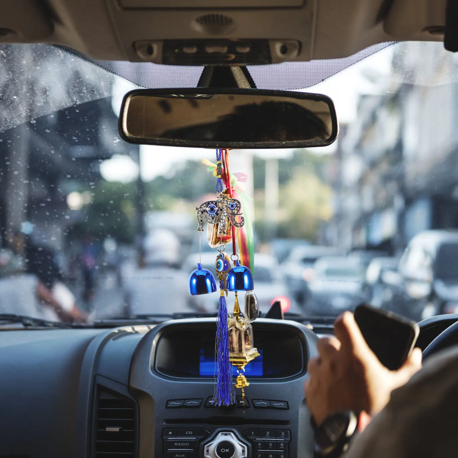 Metal Blue Eye Car Hanging Ornament Tassel Wind Chime Protection Charm Feng Shui Evil Eye Car Hanging Wind Chime Bells