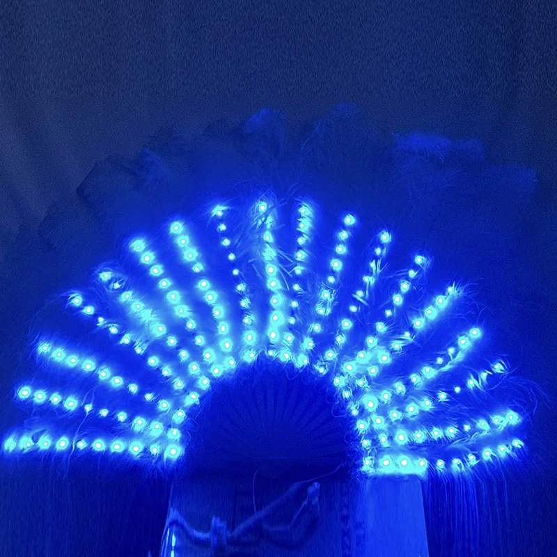 LED Glowing White Natural Ostrich Feather Fan Handheld Folding Big Plumes Fans for Dance Stage Performance