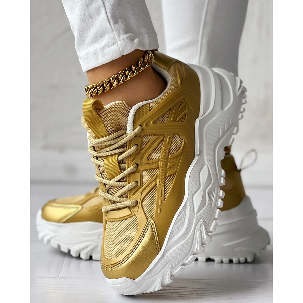 Women Running Pattern Breathable Mesh Sneakers Gold Casual Round Toe Sports Shoes Spring Fashion Going Out Lace-up Sneakers