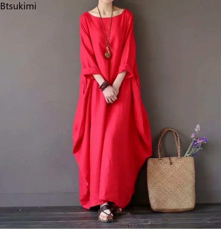 2024 Women\'s Casual Cotton Linen Dress Oversized Solid Loose Ankle Length Elegant Long Dress Female Half Sleeve Vestidos S-5XL