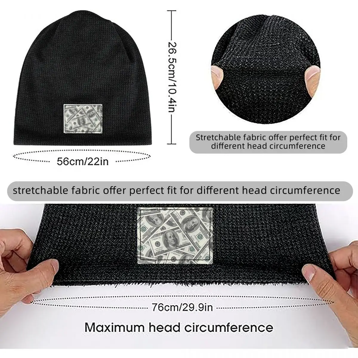 Rich Money Novelty Dollars Waffle Knit Fleece Lined Beanie with PU Leather Patch Unisex Warm Winter Soft Cap