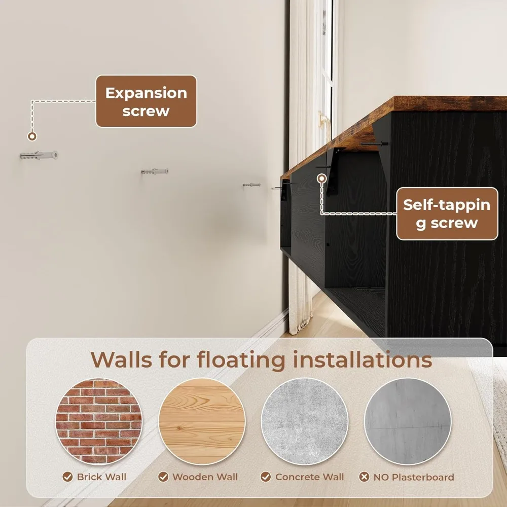 حامل تلفزيون عائم على طراز المزرعة مقاس 63 بوصة مع مساحة تخزين من طبقتين لأجهزة التلفاز حتى 80 بوصة #3