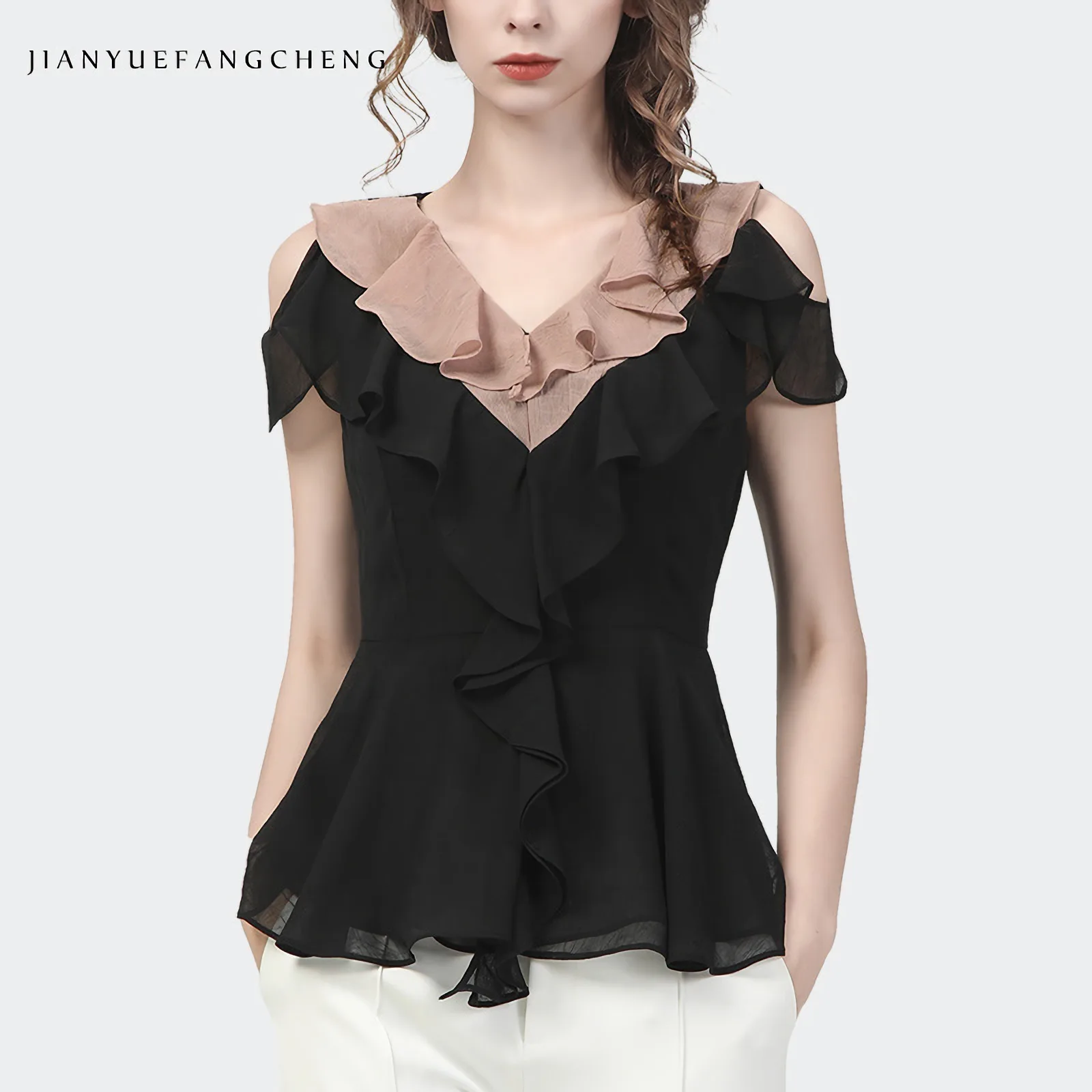 Fashion Color Blocking Off Shoulder Chiffon Blouse Women Short Sleeve V-Neck Ruffles Summer Tops Elegant Slim Casual Work Shirts