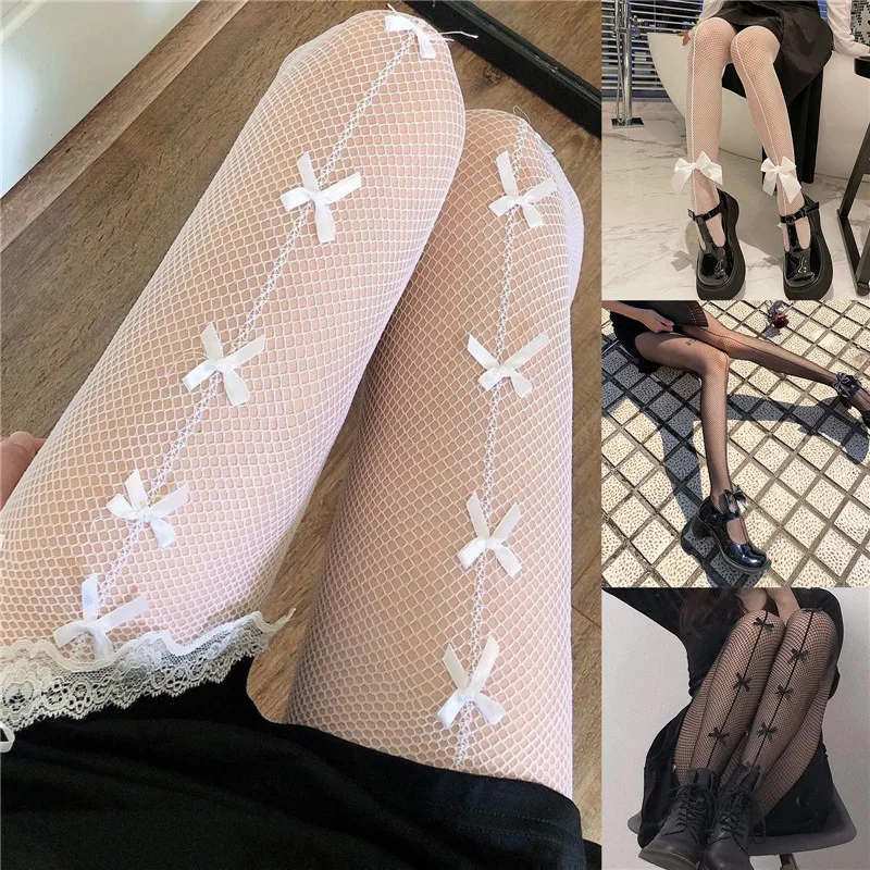 Frauen JK Mädchen Nette Bowknot Strumpfhosen Lolita Strumpfhosen Sexy Spitze Mesh Fishnet Oberschenkel Hohe Strümpfe Club Party Cosplay Kawaii Strumpfwaren – Detail 4