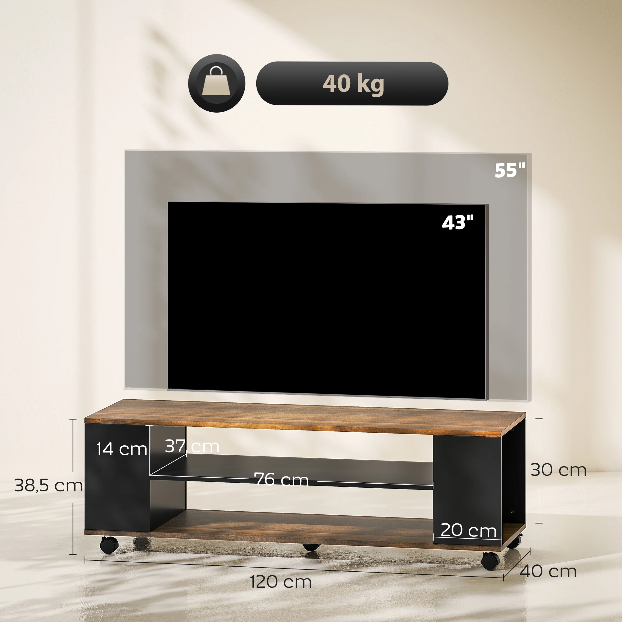 HOMCOM Mueble de TV con Ruedas, Mesa de TV Suspendido o de Pie, para Salón, con 4 Estantes Abiertos, Televisión de 55 Pulgadas