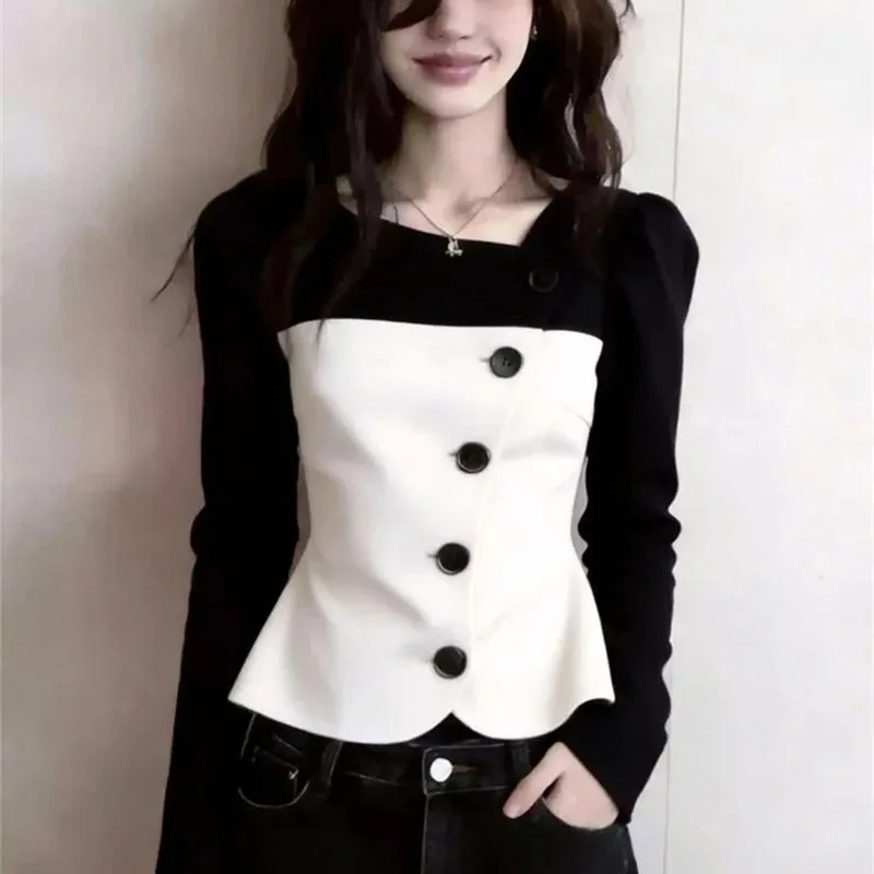 Fashion Women's Shirt Top Spring 2026 New Black And White Color Blocked Breasted Feminine Long Sleeved Shirt Blouse