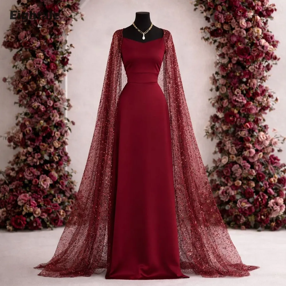 

Eightale Burgundy Evening Dress Scoop Customized Satin A-Line Shiny Cape Red Muslim Prom Wedding Party Gown Vestidos De Gala