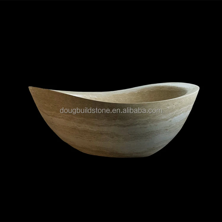 Luxury Stone Baths,Villas Indoor Bathroom Custom Hand Carved Beige Travertine   Standing Marble Bathtubs Luxury Modern Elegan