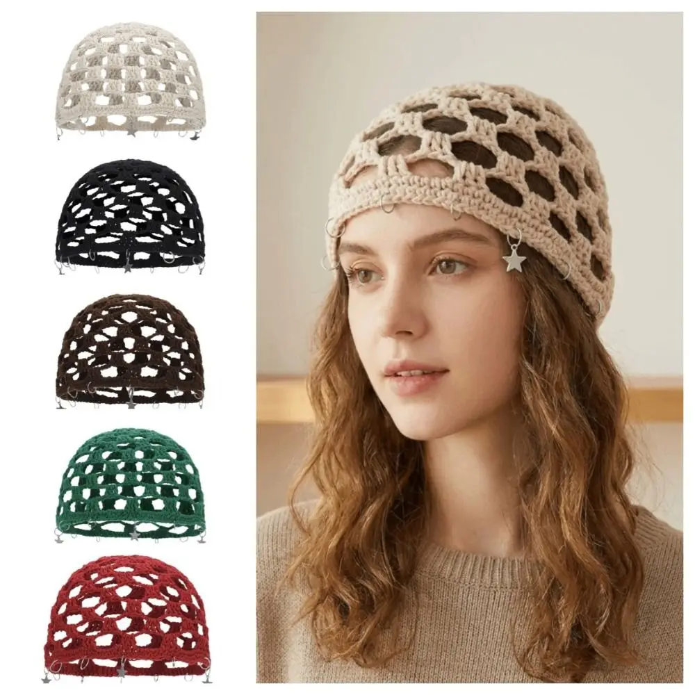 Retro Star Tassels Crochet Hollow Knitted Hat Bohemian Style Hollow Out Knit Beanies Handmade Korean Weave Cap Outdoor