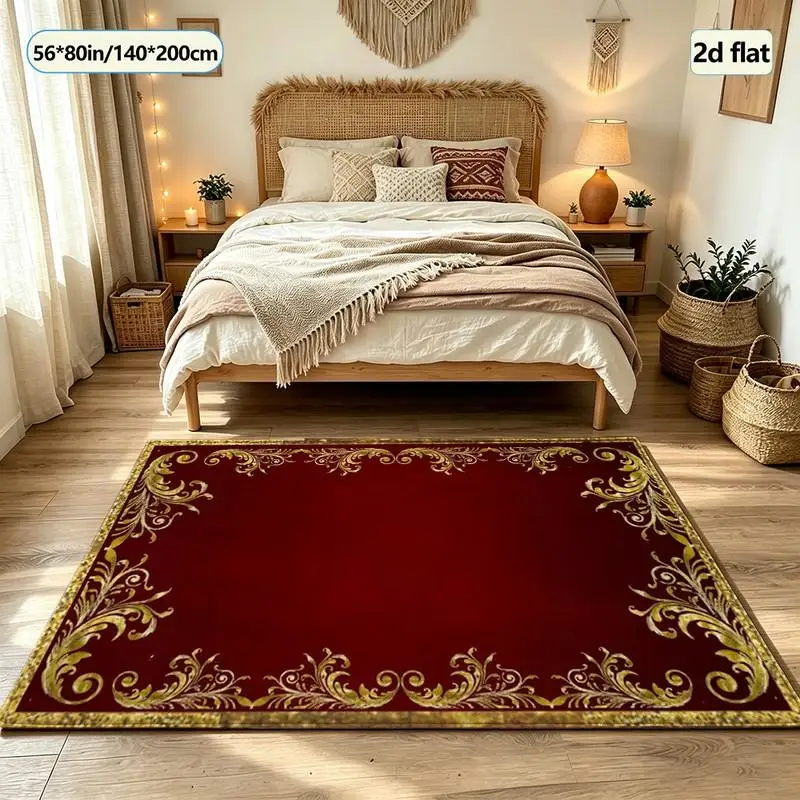 Red Background with Golden Baroque Border Carpet, Luxurious Square Carpet, Non-Slip Floor Carpet Suitable for Home Decoration