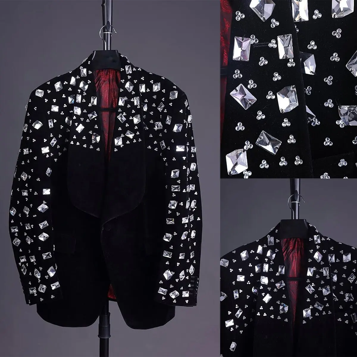 

Big Crystal Men Wedding Tuxedos Beading Groom Wear Tailored Birthday Party Prom Jacket Outfits One Piece