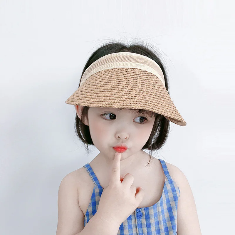 Summer Wide Brim Straw Sun Hat for Kids Girl Open Top Baby Visor Cap UV Protection Breathable Sunshade Hat for 2-7 Children