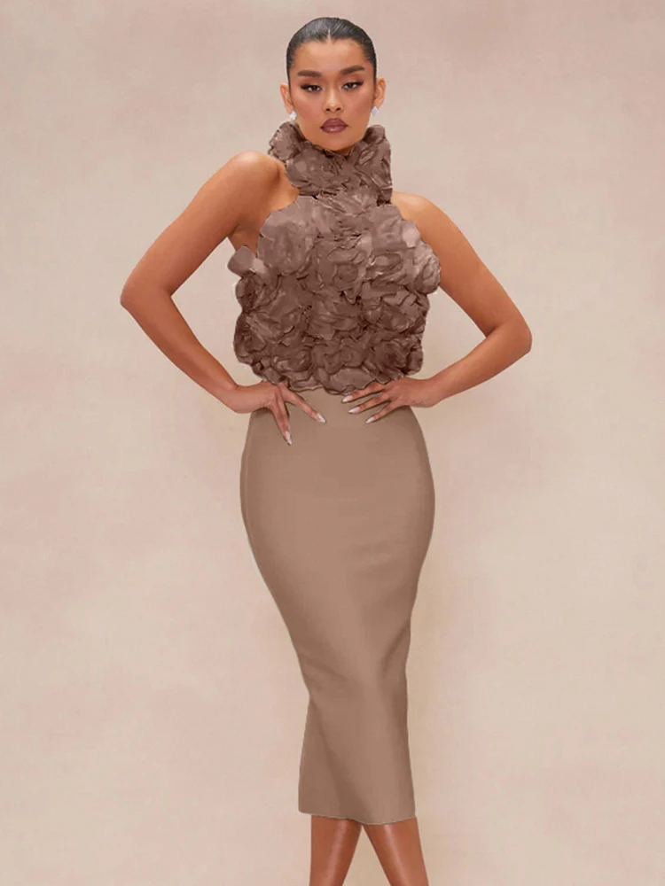 أنيقة الأزهار - مزين الرسن Bodycon ميدي ضمادة اللباس المشاهير حزب مساء ثوب العشاء الرسمي