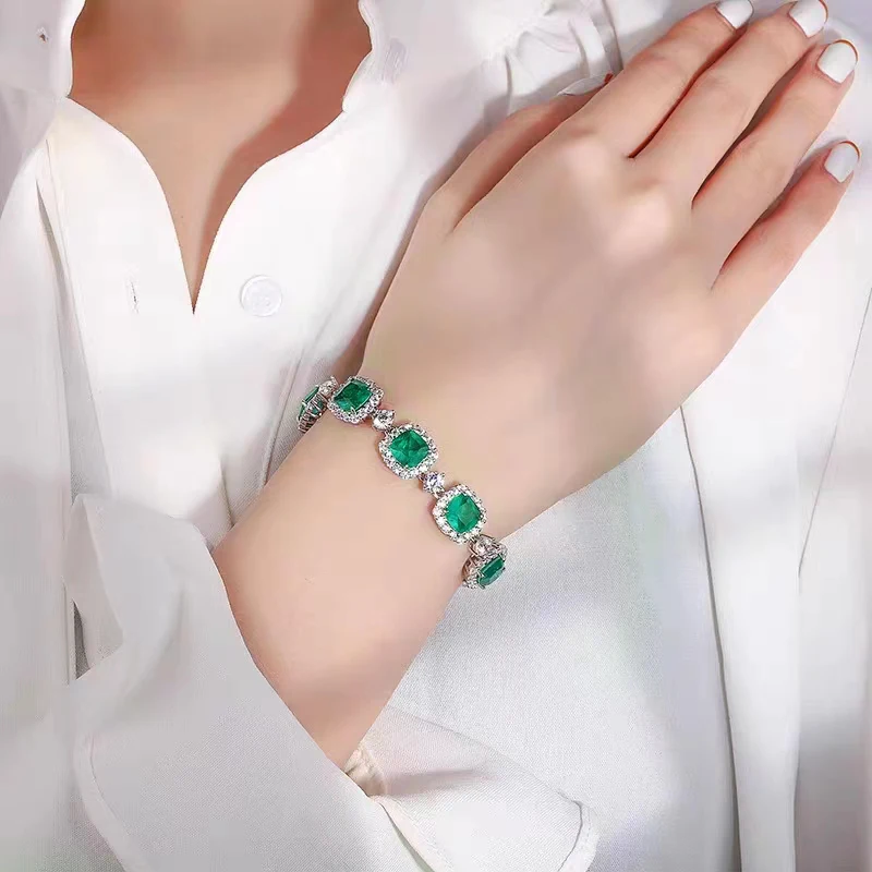 Vintage Luxury Silver Color Square Emerald Bracelets for Women Girls Fashion Banquet Dress Bracelet Party Wedding Jewelry Gift