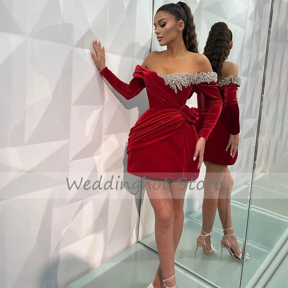 Red Velvet Cocktail Dress Mini Off the Shoulder Long Sleeves Gown Short Sparkle Crystal A Line Sexy Birthday Party