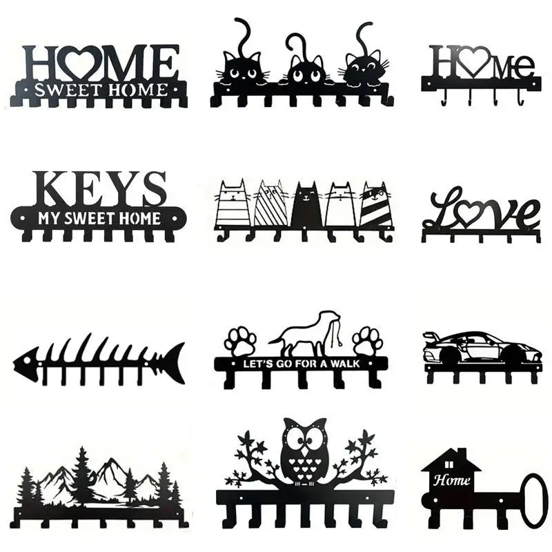 Black Metal Wall Mounted Key Holder Hooks With Cute Cartoon Patterns Perfect For Entryway Hallway Home Decor Storage Organizer