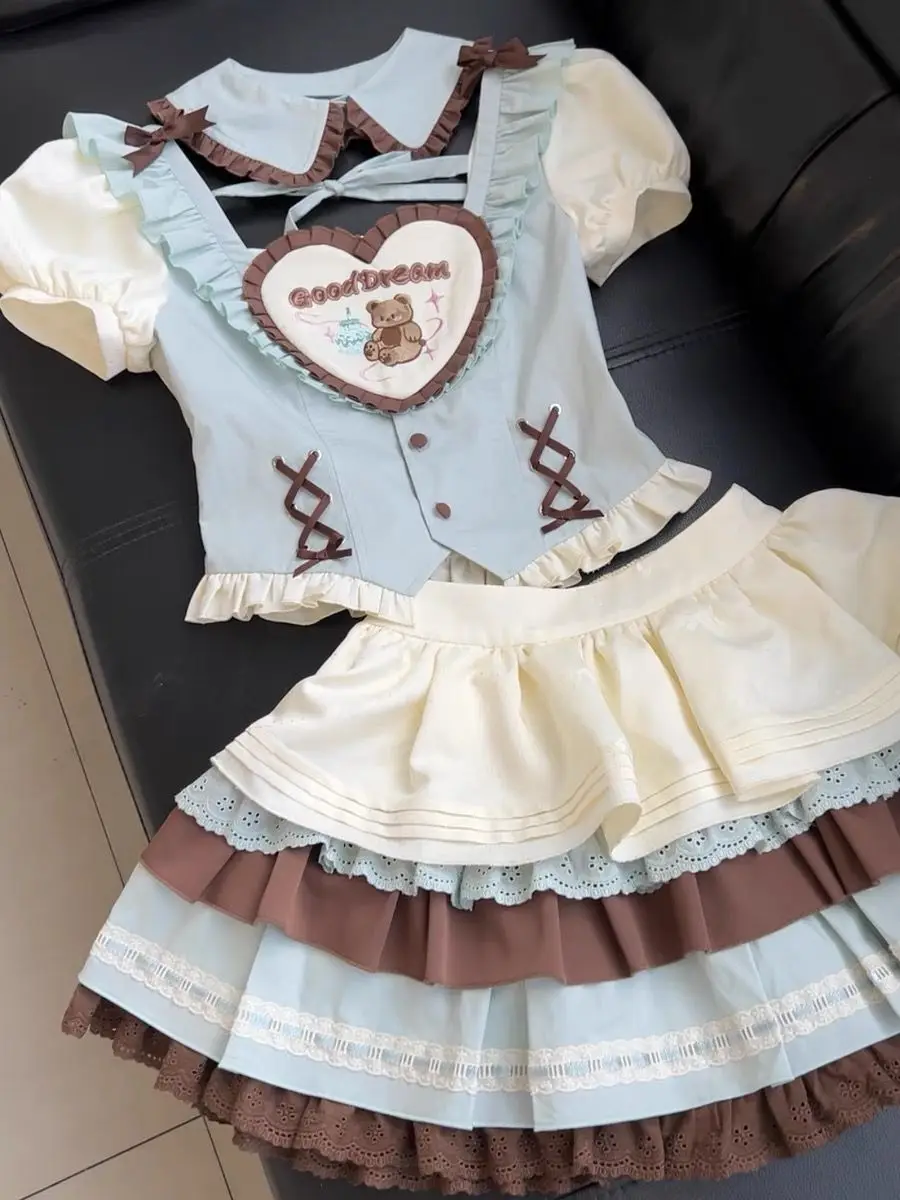 

Summer Lolita Cartoon Bear Aesthetic Slim Waist Puff Sleeve Contrast Color Shirt + Po Princess Dress 2 Pcs Sets Women Y2k Suits