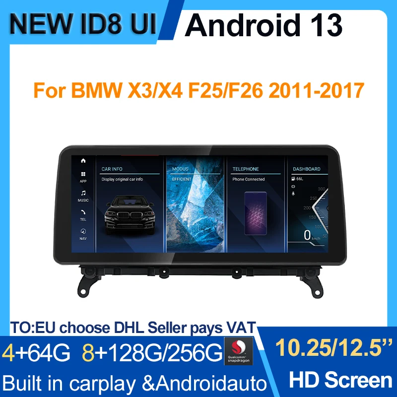 

10.25" 12.5" Qualcomm Android 13 8+256G GPS Navigation Multimedia Screen Apple Carplay Bluetooth For BMW X3 F25 X4 F26 2010-2016